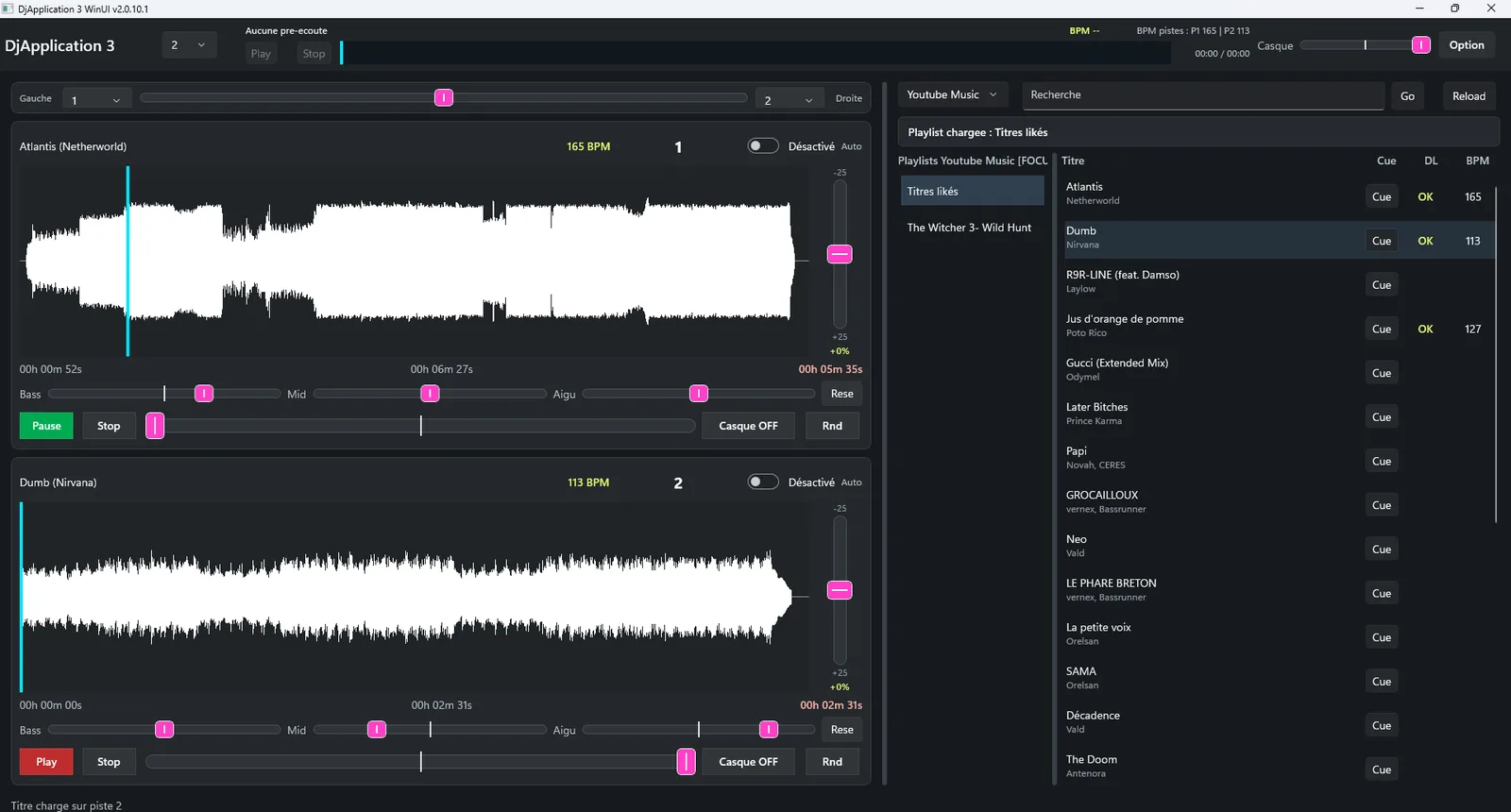 Interface de DjApplication3 : deux platines avec formes d'onde, BPM et bibliothèque YouTube Music