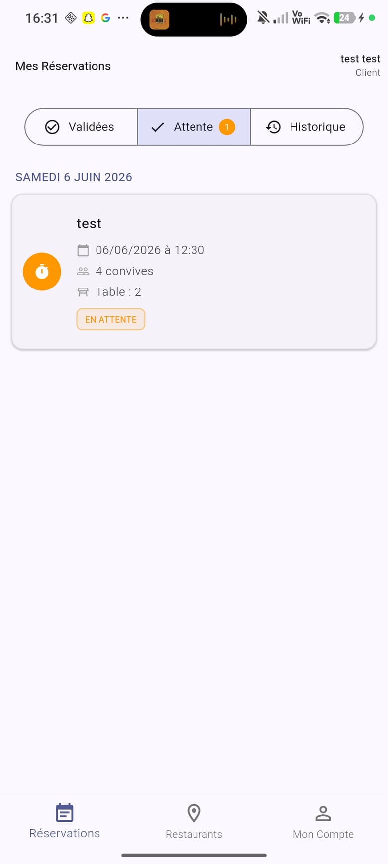 Application mobile TableMaster — écran « Mes réservations »